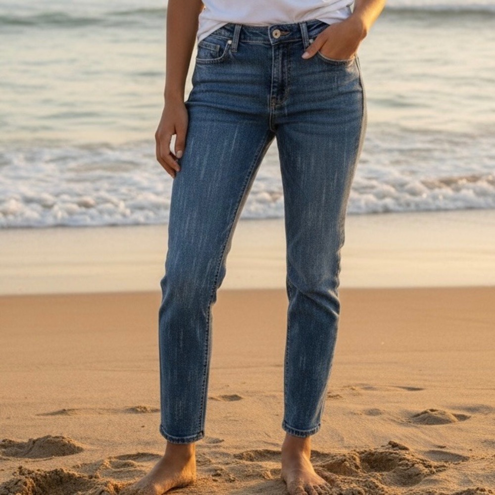 Chicos Jeans Denim‎ Girlfriend Ankle Blue Jeweled Button Sz 10R/1.5 Classic Chic